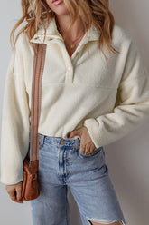 Women Fleece Placket Turn Down Collar Drop Shoulder Sweatshirt Zarnesh